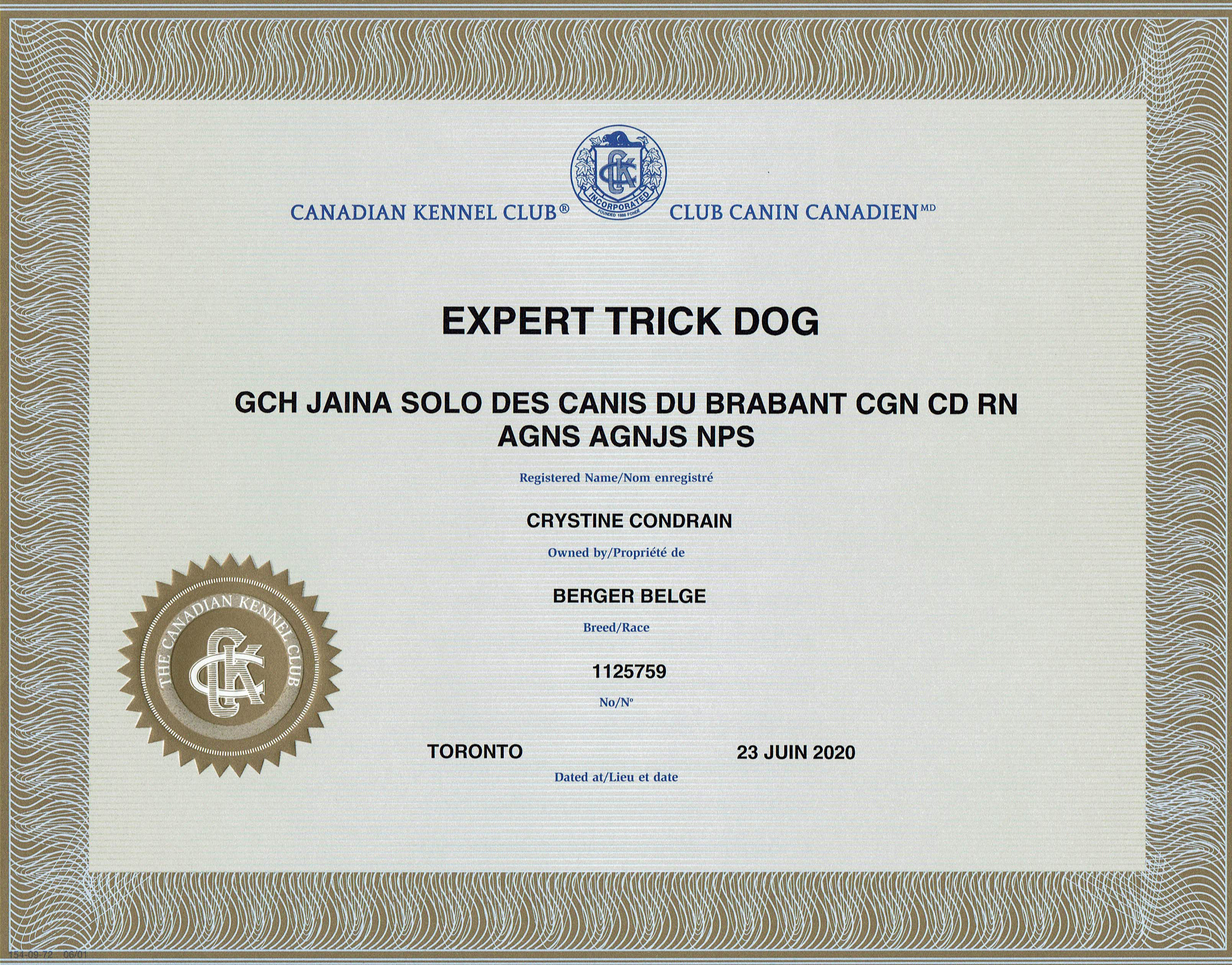 Certificat du Club Canin Canadien pour Jaina : Expert Trick Dog